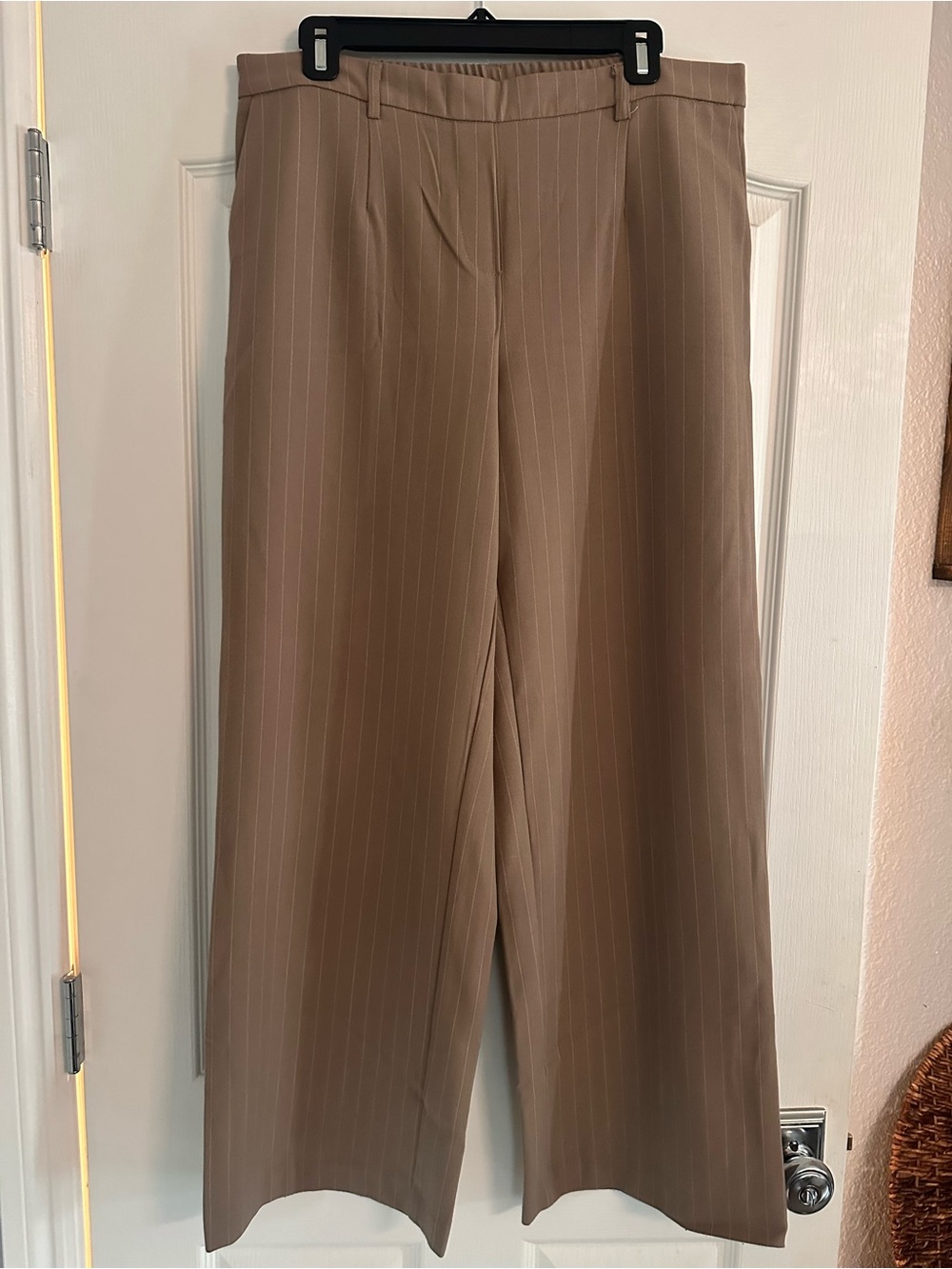 Tailored Wide-Leg Pinstripe Trousers in Taupe